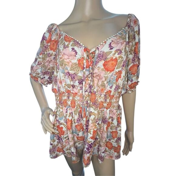 Torrid Floral Georgette Eyelet Smocked Waist Puff Sleeve Blouse - Picture 1 of 5